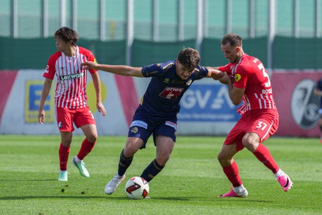 Friendly Match: SC Freiburg vs. FC Luzern, October 3, 2026. Sascha Meyer (FC Luzern, 71) in a tackle with Max Rosenfelder (SC Freiburg, 37). Friendly Match: SC Freiburg vs. FC Luzern, Europa-Park Stadium, October 3, 2026. DFB and DFL regulations prohibit any use of photographs as image sequences and or quasi-video. Copyright: xBEAUTIFULxSPORTS Boscox
