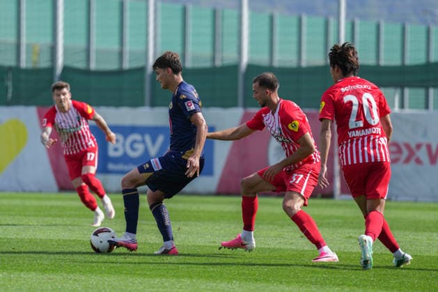 Friendly Match: SC Freiburg vs. FC Luzern, October 3, 2026. Sascha Meyer (FC Luzern, 71) in a tackle with Max Rosenfelder (SC Freiburg, 37). Friendly Match: SC Freiburg vs. FC Luzern, Europa-Park Stadium, October 3, 2026 DFB and DFL regulations prohibit any use of photographs as image sequences and or quasi-video. Copyright: xBEAUTIFULxSPORTS Boscox