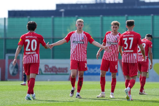 Rihito Yamamoto, SC Freiburg, 20, Matthias Ginter, SC Freiburg, 28, Patrick Osterhage, SC Freiburg, 06, and Max Rosenfelder, SC Freiburg, 37—goal celebration, emotions, shot on goal, finish, goal scored, goal, hit, Germany, soccer, friendly match, SC Freiburg vs. FC Luzern, October 3, 2026, Europa-Park Stadium, Training Field, Freiburg, Freiburg, Europa-Park Stadium, Training Field, Baden-Württemberg, Germany Copyright: xArnexAmbergx