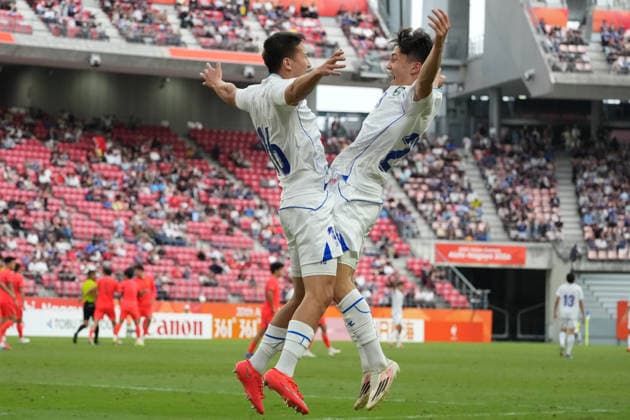 (261003) -- TOYOTA, Oct. 3, 2026 -- Uzbekistan s Shodiyor Shodiboev (R) celebrates his goal during the men s 3rd place match of football between China and Uzbekistan at 20th Asian Games Aichi-Nagoya 2026 in Toyota of Aichi Prefecture, Japan, Oct. 3, 2026. ) (SP)JAPAN-TOYOTA-ASIAN GAMES-FOOTBALL-MEN S 3RD PLACE MATCH-CHN VS UZB LuixSiuxWai 