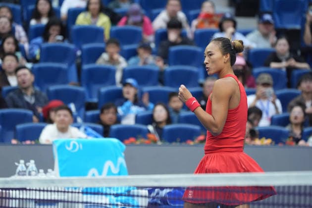 (261003) -- BEIJING, Oct. 3, 2026 -- Zheng Qinwen of China celebrates scoring while competing against Anna Kalinskaya of Russia during the women s singles second round match at 2026 China Open tennis tournament in Beijing, China, Oct. 3, 2026. ) (SP)CHINA-BEIJING-TENNIS-CHINA OPEN-WOMEN S SINGLES(CN) XiexHan 