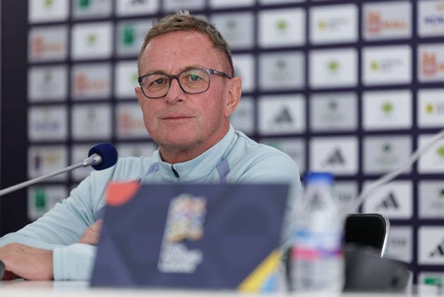 SOCCER - NL, KOS vs AUT PRISTINA,KOSOVO,03.OCT.26 - SOCCER - UEFA Nations League, OEFB international match, Länderspiel, Nationalmannschaft Kosovo vs Austria, preview, press conference, PK, Pressekonferenz team AUT. Image shows head coach Ralf Rangnick (AUT). GEPAxpictures xArminxRauthner