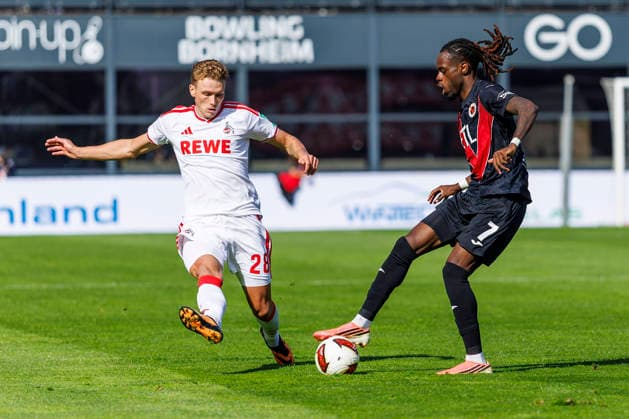 KOELN, GERMANY - OCTOBER 3, 2026: Sebastian Sebulonsen (1. FC Köln, 28) and Yannick Tonye (FC Viktoria Köln, 7) during the friendly match between FC Viktoria Köln vs. 1. FC Köln at the Sportpark Hoehenberg on October 3, 2026 in Koeln, Germany. DFL REGULATIONS PROHIBIT ANY USE OF PHOTOGRAPHS AS IMAGE SEQUENCES AND OR QUASI-VIDEO. Nordrhein-Westfalen Germany Copyright: xLeahxKohringx