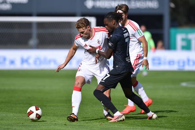 Soccer Friendly Match: FC Viktoria Köln vs. 1. FC Köln on October 3, 2026, at Sportpark Höhenberg in Cologne. Sebastian Sebulonsen (Cologne), left; Yannick Tonye (Cologne), right xRx