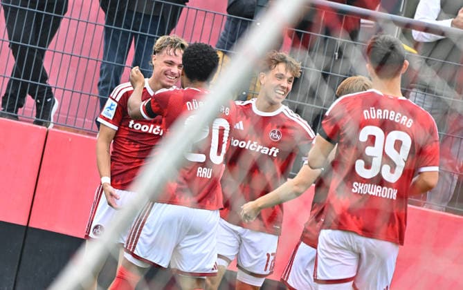 October 3, 2025 Soccer Season 2025–2026 Bavarian Regional League Matchday 12 1. FC Nürnberg II (FCN) vs. FC Augsburg 2 (FCA) MeZi xmexzix Goal celebration Cheering Joy after a goal Goal Shot on goal to 1–0 by Luca Horst 42, 1 FC Nuremberg FCN II