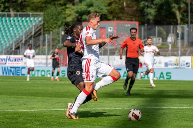 Tackle between Yannick Tonye of Viktoria Cologne, No. 07, and Sebastian Sebulonsen of 1. FC Cologne, No. 28; FC Viktoria Cologne vs. FC Hansa Rostock, Soccer, 3. Liga, Matchday 5, 2026–2027 Season, September 11, 2026 DFL DFB regulations prohibit any use of photographs as image sequences and or quasi-video FC Viktoria Cologne vs. FC Hansa Rostock, soccer, 3rd Division, Matchday 5, 2026–2027 season, September 11, 2026, Cologne Copyright: xEibner-Pressefoto ThomasxHaeslerx EP_THR