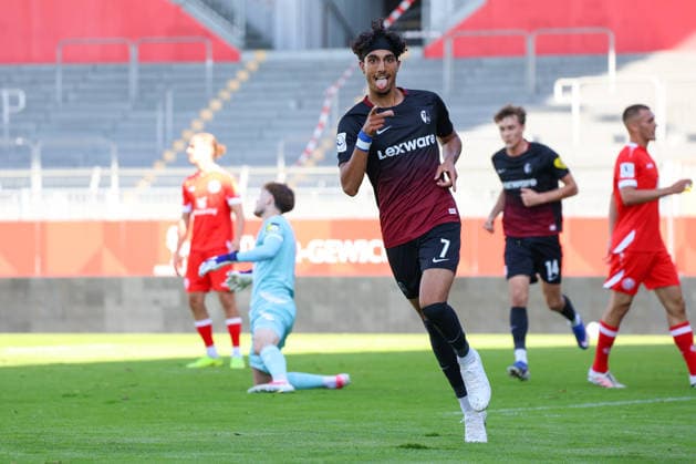October 3, 2026, xusrbx, Regionalliga Southwest soccer, FSV Mainz 05 U23 vs. SC Freiburg II: Krish Raweri of SC Freiburg II scores the 1-0 goal in the 17th minute; goal celebration, Mainz