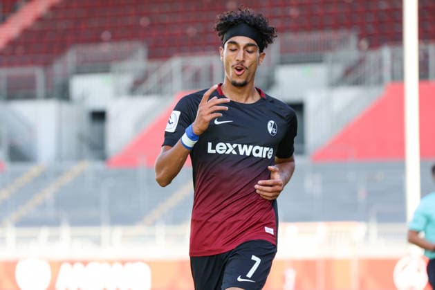 October 3, 2026, xusrbx, Regionalliga Southwest soccer, FSV Mainz 05 U23 vs. SC Freiburg II: Krish Raweri of SC Freiburg II scores the 1-0 goal in the 17th minute; goal celebration, Mainz