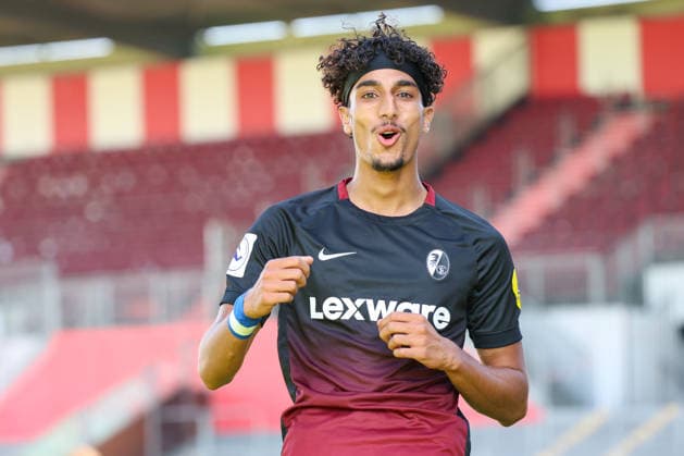 October 3, 2026, xusrbx, Regionalliga Southwest soccer, FSV Mainz 05 U23 vs. SC Freiburg II: Krish Raweri of SC Freiburg II scores the 1-0 goal in the 17th minute; goal celebration, Mainz