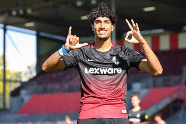 October 3, 2026, xusrbx, Regionalliga Southwest soccer, FSV Mainz 05 U23 vs. SC Freiburg II: Krish Raweri of SC Freiburg II scores the 1-0 goal in the 17th minute; goal celebration, Mainz