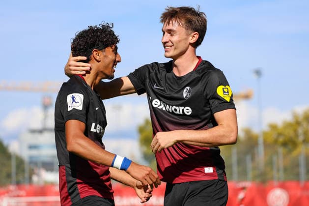 October 3, 2026, xusrbx, Southwest Regional League Soccer, FSV Mainz 05 U23 vs. SC Freiburg II – Krish Raweri of SC Freiburg II, 7, scores the 1–0 goal in the 17th minute; goal celebration, Jack James, SC Freiburg II, 14, Mainz