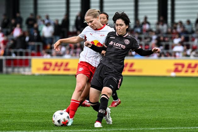 Soccer I Women s I 2026–2027 Season I Bundesliga I Matchday 6 I RB Leipzig 1 FSV Mainz 05 I October 3, 2026 Tackle by Emilia Asgeirsdottir 8, Rasenballsport Leipzig, Yurina Imai 14, 1 FSV Mainz 05, RB Leipzig Training Center, Cottaweg 7, Saxony, Germany Copyright: xLobeca InesxHähnelx