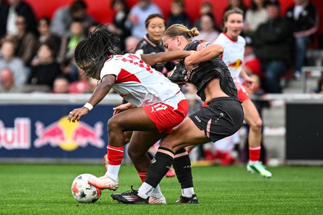 Soccer I Women s I 2026–2027 Season I Bundesliga I Matchday 6 I RB Leipzig 1 FSV Mainz 05 I October 3, 2026 Tackle: Delice Boboy 17, Rasenballsport Leipzig, Johanna Maria Berg 9, 1 FSV Mainz 05 at RB Leipzig Training Center, Cottaweg 7, Saxony, Germany Copyright: xLobeca InesxHähnelx