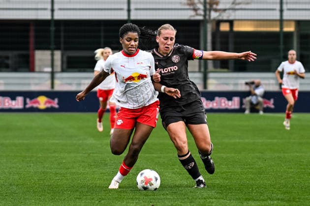 Soccer I Women s I 2026–2027 Season I Bundesliga I Matchday 6 I RB Leipzig 1 FSV Mainz 05 I October 3, 2026 Tackle: Delice Boboy 17, Rasenballsport Leipzig, Johanna Maria Berg 9, 1 FSV Mainz 05 at RB Leipzig Training Center, Cottaweg 7, Saxony, Germany Copyright: xLobeca InesxHähnelx