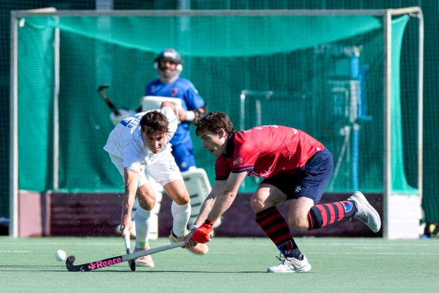 From left: Marc Bolto (MHC), 17, Marius Gemmel (BHC), 24, tackle, game play, duel, tackle, tackling, dynamic, action, 03 10 2026, Mannheim, Germany, hockey, 1st Bundesliga, men’s, Mannheimer HC vs. Berliner HC xozx