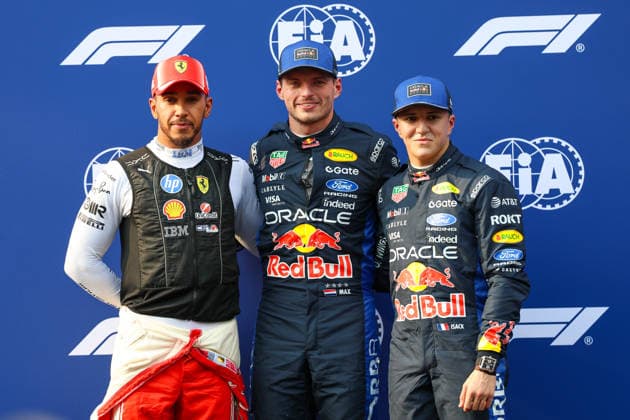 (261003) -- SEPANG, Oct. 3, 2026 -- Pole position qualifier Red Bull s Max Verstappen (C) of the Netherlands, 2nd-placed qualifier Ferrari s Lewis Hamilton (L) of Britain and 3rd-placed qualifier Red Bull s Isack Hadjar of France pose for photos after the qualifying session of the Formula One Bahrain Grand Prix at the Sepang International Circuit near Kuala Lumpur, Malaysia, Oct. 3, 2026. (Photo by Qian Jun Xinhua) (SP)MALAYSIA-SEPANG-F1-BAHRAIN GRAND PRIX 2026-QUALIFYING YuanxRui 