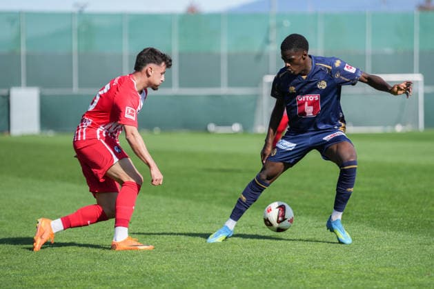 Friendly Match: SC Freiburg vs. FC Luzern, October 3, 2026. Leon Catak (SC Freiburg, No. 53) battles for the ball with Joel Matuanana (FC Luzern, No. 51). Friendly Match: SC Freiburg vs. FC Luzern, Europa-Park Stadium, October 3, 2026 DFB and DFL regulations prohibit any use of photographs as image sequences and or quasi-video. Copyright: xBEAUTIFULxSPORTS Boscox