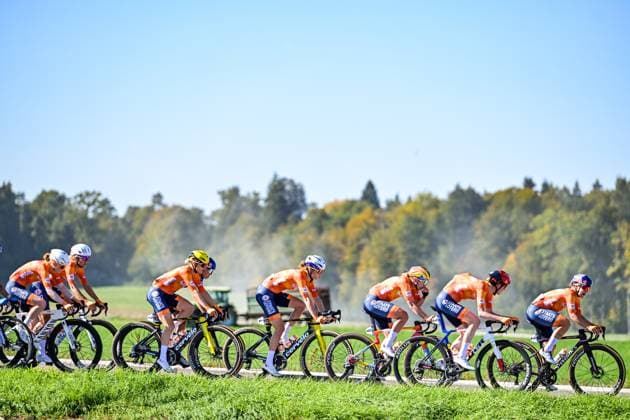 Dutch riders pictured in front of the peloton during the elite women Road Race race (130 km) at the cycling UEC Road European Championships, in Ljubljana, Slovenia Saturday 3 October 2026. The UEC Road European Championships are taking place from 02 to 07 October in Ljubljana, Slovenia. DAVIDxPINTENS  x188613306x