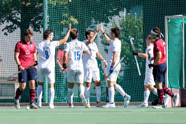 Players from Mannheimer HC (MHC) celebrate the goal that makes it 3-0, Celebration, goal celebration, goal scored, celebrating the goal, goal, celebration, cheering the goal, joy, happiness, happy, optimistic, positive, game scene, highlight, action, 03 10 2026, Mannheim, Germany, hockey, 1st Bundesliga, men’s, Mannheim HC vs. Berlin HC xozx
