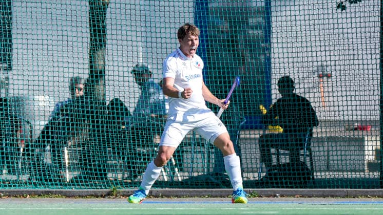 Goal scorer Tobias Martins of MHC, No. 10, a player for Mannheimer HC (MHC), celebrates the goal that makes the score 2–0, Celebration, cheering, goal celebration, goal scored, celebrate the goal, goal, celebration, celebrating the goal, joy, happiness, happy, optimistic, positive, game scene, highlight, close-up, full-body, single frame, single photo, action, October 3, 2026, Mannheim, Germany, hockey, 1st Bundesliga, men’s, Mannheim HC vs. Berlin HC xozx