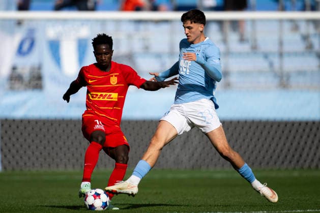 October 3, 2026: Leon da Silva of Malmö FF and Prince Junior of FC Nordsjälland during the friendly match between Malmö FF and FC Nordsjälland on October 3, 2026 in Malmö. Photo by Avdo Bilkanovic, BILDBYRAN COP 115 AB0391. soccer, football, fotball, practice match, friendly match, Malmö FF, FC Nordsjälland, bbeng  Copyright: AVDOxBILKANOVIC BB261003AB095