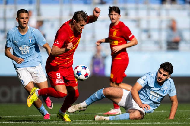 October 3, 2026: Bleon Kurtulus of Malmö FF and Ola Solbakken of FC Nordsjälland during the friendly match between Malmö FF and FC Nordsjälland on October 3, 2026 in Malmö. Photo by Avdo Bilkanovic, BILDBYRAN COP 115 AB0391. soccer, football, fotball, training match, friendly match, Malmö FF, FC Nordsjälland, bbeng  Copyright: AVDOxBILKANOVIC BB261003AB101