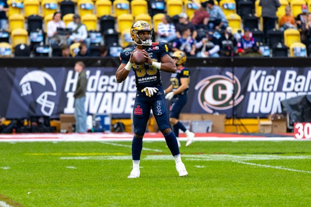 Tyler Hudson (Dresden Monarchs, 83 Wide Receiver) before the game Dresden Monarchs vs Potsdam Royals, American Football, German Football League, Week 22, Championship Game, 2026, 03.10.2026, Dresden Rudolf Harbig Stadion Saxony Germany Copyright: xPFA SebastianxJustx