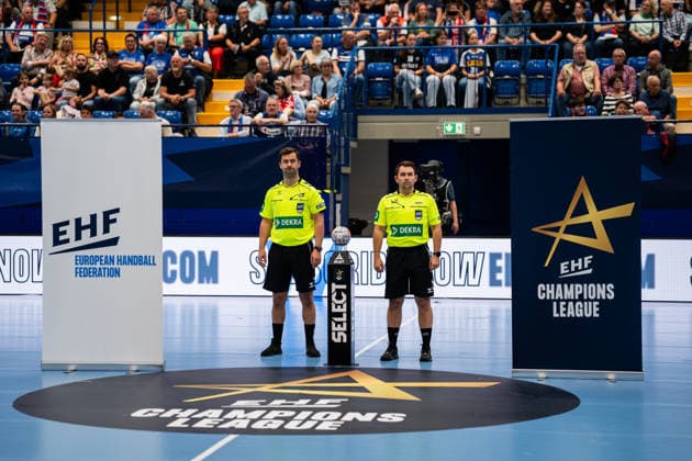 HSG Blomberg Lippe (GER) vs. HC Podravka (CRO), Handball, EHF Champions League Women, Group Stage, October 3, 2026, 2026–2027 Season, Lemgo: Mads Dahlby Fremstad (referee) and Jorgen Jorstad (referee) before the game at the Lemgo Phoenix Contact Arena, Germany
