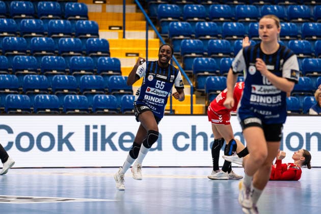 HSG Blomberg Lippe GER vs. HC Podravka CRO, Handball, EHF Champions League Women, Group Stage, October 3, 2026, 2026–2027 Season, Lemgo’s Farrelle Njinkeu of HSG Blomberg Lippe, 55, celebrates after scoring a goal at the Lemgo Phoenix Contact Arena in Germany