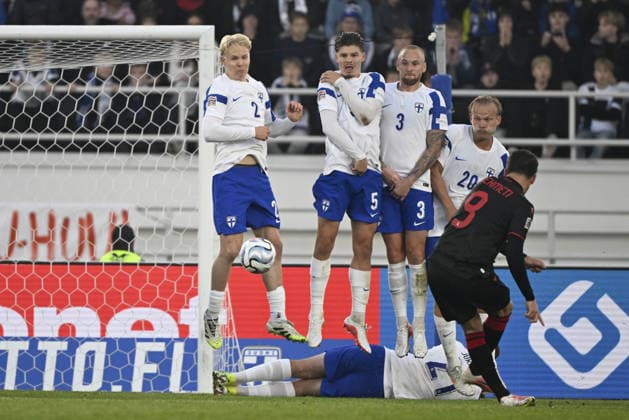 LKS 20261003 9 Anis Mehmeti of Albania tries to score past the defensive wall of Finnish players 2 Matti Peltola, 5 Samuli Miettinen, 3 Adam Stahl, 20 Joel Pohjanpalo and 21 Oiva Jukkola during the UEFA Nations League Group C1 football match between Finland and Albania in Helsinki, Finland, on October 3, 2026. - EMMI KORHONEN Helsinki Finland CqHvcDu0RH8  Copyright: xEmmixKorhonenx CqHvcDu0RH8