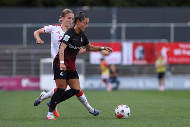 Selina Vobian of SC Freiburg and Celina Degen of 1. FC Köln go head-to-head during the Women s Bundesliga match between 1. FC Köln and SC Freiburg, Franz Kremer Stadium on October 3, 2026, in Cologne, Germany. Photo by Oliver Kaelke, DeFodi Images. Selina Vobian of SC Freiburg and Celina Degen of 1. FC Köln battle for the ball during the Bundesliga match between 1. FC Köln and SC Freiburg at Franz Kremer Stadium on October 3, 2026 in Cologne, Germany. Photo by Oliver Kaelke, DeFodi Images. DFB and DFL regulations prohibit any use of photographs as image sequences and or quasi-video. Photo by Oliver Kaelke, DeFodi Images.