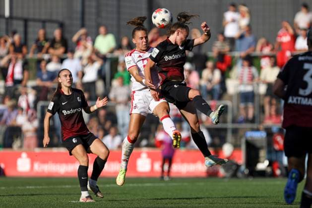 Dora Zeller of 1. FC Köln and Lisa Kolb of SC Freiburg battle for the ball during the Women s Bundesliga match between 1. FC Köln and SC Freiburg, Franz Kremer Stadium on October 3, 2026, in Cologne, Germany. Photo by Oliver Kaelke, DeFodi Images. Dora Zeller of 1 FC Köln and Lisa Kolb of SC Freiburg battle for the ball during the Bundesliga match between 1 FC Köln and SC Freiburg at Franz Kremer Stadium on October 3, 2026 in Cologne, Germany. Photo by Oliver Kaelke, DeFodi Images. DFB and DFL regulations prohibit any use of photographs as image sequences and or quasi-video. Photo by Oliver Kaelke, DeFodi Images.