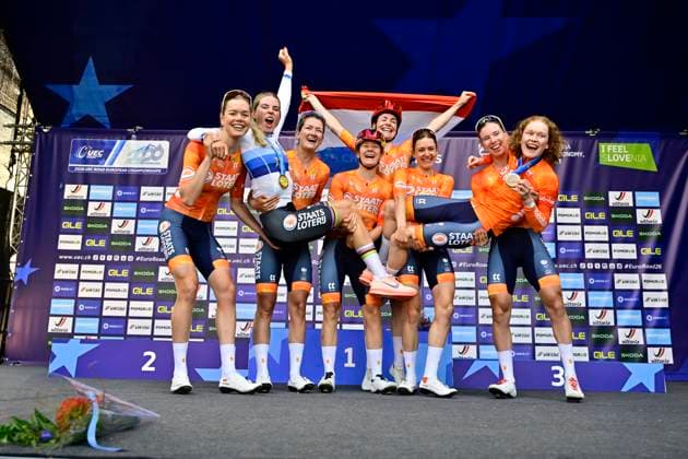 UEC 2026 Road European Championships Ljubljana 03 10 2026 LJUBLJANA, SLOVENIA - OCTOBER 03 : Vollering Demi (NED) of FDJ United - SUEZ, Pieterse Puck (NED) of Fenix-Premier Tech and Reusser Marlen (SUI) of Movistar Team during the podium ceremony of the Women Elite cycling road race of the 2026 UEC Road European Championships Ljubljana. An UCI Continental Championships cycling race of 130 km with start in Ljubljana and finish in Sencur on October 3, 2026 in Ljubljana, Slovenia, 03 10 2026 Ljubljana Slovenia  Copyright: xJanxDexMeuleneirx