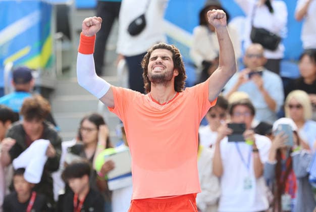October 3, 2026, Tokyo, Japan - Carlos Alcaraz of Spain raises his fists in the air as he defeated Matteo Arnaldi of Italy during the second round match of the Japan Open tennis championships at the Ariake Colosseum in Tokyo on Saturday, October 3, 2026. (photo by Yoshio Tsunoda AFLO) Noxthirdxpartyxsales  0868466241st YoshioxTsunodax