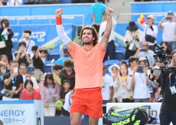 October 3, 2026, Tokyo, Japan - Carlos Alcaraz of Spain raises his fists in the air as he defeated Matteo Arnaldi of Italy during the second round match of the Japan Open tennis championships at the Ariake Colosseum in Tokyo on Saturday, October 3, 2026. (photo by Yoshio Tsunoda AFLO) Noxthirdxpartyxsales  0868466242st YoshioxTsunodax