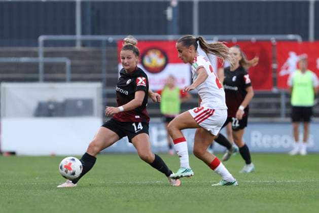 Carina Brunold of SC Freiburg and Vanessa Leimenstoll of 1. FC Köln go head-to-head during the Women s Bundesliga match between 1. FC Köln and SC Freiburg, Franz Kremer Stadium on October 3, 2026, in Cologne, Germany. Photo by Oliver Kaelke, DeFodi Images. Carina Brunold of SC Freiburg and Vanessa Leimenstoll of 1. FC Köln battle for the ball during the Bundesliga match between 1. FC Köln and SC Freiburg at Franz Kremer Stadium on October 3, 2026 in Cologne, Germany. Photo by Oliver Kaelke, DeFodi Images. DFB and DFL regulations prohibit any use of photographs as image sequences and or quasi-video. Photo by Oliver Kaelke, DeFodi Images.