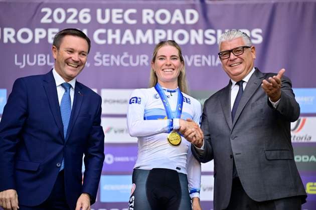 UEC 2026 Road European Championships Ljubljana 03 10 2026 LJUBLJANA, SLOVENIA - OCTOBER 03 : Vollering Demi (NED) of FDJ United - SUEZ and Lappartient David (FRA) president of UCI during the podium ceremony of the Women Elite cycling road race of the 2026 UEC Road European Championships Ljubljana. An UCI Continental Championships cycling race of 130 km with start in Ljubljana and finish in Sencur on October 3, 2026 in Ljubljana, Slovenia, 03 10 2026 Ljubljana Slovenia  Copyright: xJanxDexMeuleneirx