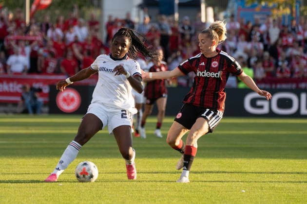 October 3, 2026, xhfmx, Soccer Google Pixel Women s Bundesliga, Eintracht Frankfurt vs. FC Bayern Munich, Edna Imade of FC Bayern Munich in a tackle with Nina Lührßen of Eintracht Frankfurt, Frankfurt am Main