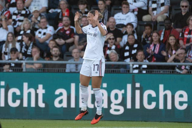 October 3, 2026, xhfmx, Soccer, Google Pixel, Women s Bundesliga, Eintracht Frankfurt vs. FC Bayern Munich, Klara Bühl of FC Bayern Munich celebrates her goal to make it 0–1 against Frankfurt; Goal, Celebration, Frankfurt am Main