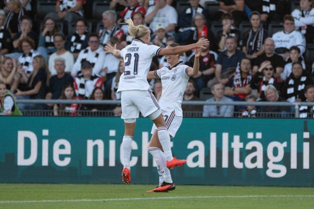 October 3, 2026, xhfmx, Soccer, Google Pixel, Women s Bundesliga, Eintracht Frankfurt vs. FC Bayern Munich: Pernille Harder (FC Bayern Munich) and Klara Bühl (FC Bayern Munich) celebrate the 0-1 goal against Frankfurt; Goal, Celebration, Frankfurt am Main