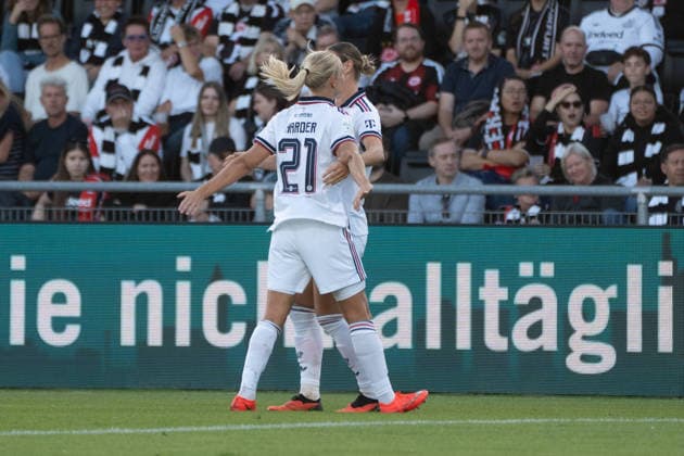 October 3, 2026, xhfmx, Soccer, Google Pixel, Women s Bundesliga, Eintracht Frankfurt vs. FC Bayern Munich: Pernille Harder (FC Bayern Munich) and Klara Bühl (FC Bayern Munich) celebrate the 0-1 goal against Frankfurt; Goal, Celebration, Frankfurt am Main