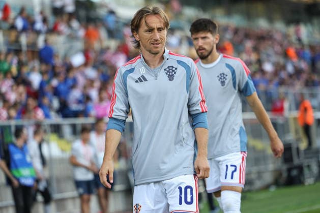 Rijeka, Croatia, 3rd October 2026. Luka Modric and Petar Sucic of Croatia before the UEFA Nations League match at Rujevica, Rijeka. Luka Modric and Petar Sucic beofre the match - Croatia v England, UEFA Nations League 
