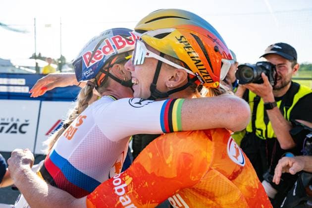 Netherlands Demi Vollering and Netherlands Lorena Wiebes celebrates after the elite women Road Race race (130 km) at the cycling UEC Road European Championships, in Ljubljana, Slovenia Saturday 3 October 2026. The UEC Road European Championships are taking place from 02 to 07 October in Ljubljana, Slovenia. DAVIDxPINTENS  x188626863x