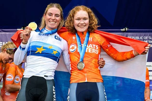 Netherlands Demi Vollering and Netherlands Puck Pieterse celebrates after the elite women Road Race race (130 km) at the cycling UEC Road European Championships, in Ljubljana, Slovenia Saturday 3 October 2026. The UEC Road European Championships are taking place from 02 to 07 October in Ljubljana, Slovenia. DAVIDxPINTENS  x188627317x