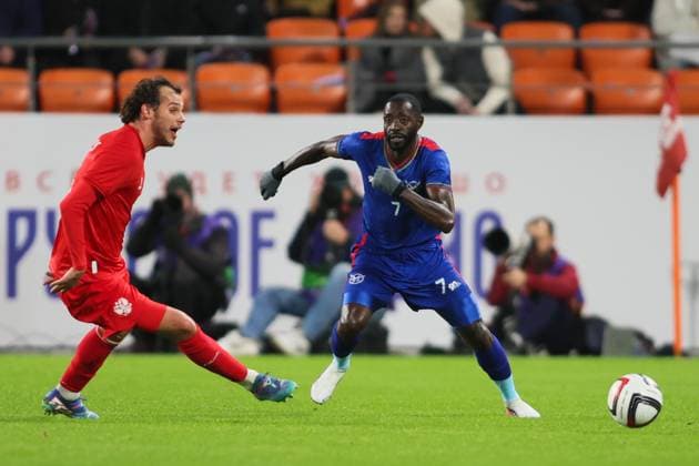 Russia Soccer Friendly Russia - Namibia 9256872 03.10.2026 Russia s Artem Karpukas and Namibia s Deon Hotto struggle for a ball during the friendly soccer match between Russia and Namibia at Yekaterinburg Arena in Yekaterinburg, Russia. Alexei Kolchin Sputnik Yekaterinburg Sverdlovsk Oblast Region Russia  Copyright: xAlexeixKolchinx