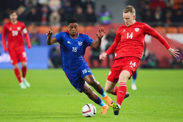 Russia Soccer Friendly Russia - Namibia 9256877 03.10.2026 Namibia s Ben Namib and Russia s Viktor Melekhin struggle for a ball during the friendly soccer match between Russia and Namibia at Yekaterinburg Arena in Yekaterinburg, Russia. Alexei Kolchin Sputnik Yekaterinburg Sverdlovsk Oblast Region Russia  Copyright: xAlexeixKolchinx