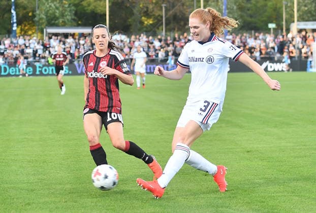 October 3, 2026, xhbx, Soccer Google Pixel Women s Bundesliga, Eintracht Frankfurt vs. FC Bayern Munich, Hayley Raso (Eintracht Frankfurt Women s Team), Stine Pedersen (FC Bayern Munich Women s Team), Frankfurt am Main