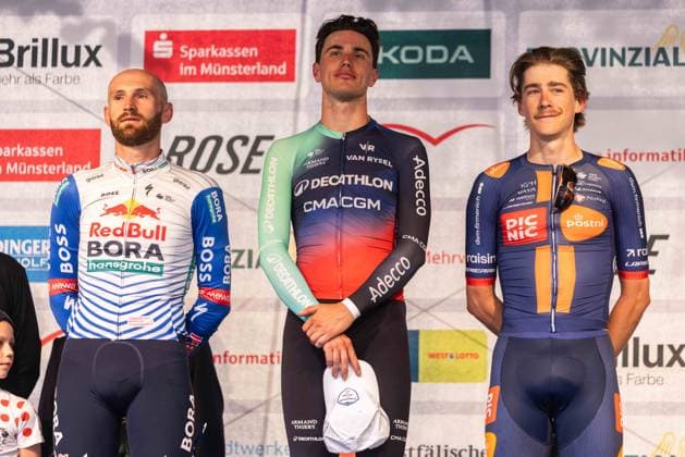 Cycling UCI ProSeries Men s Elite 20 Sparkassen Münsterland Giro on October 3, 2026 The Münsterland Giro podium, from left to right: Jordi Meeus (Red Bull Bora Hansgrohe), Olav Kooij (Decathlon CMA CGM Team), Frits Biesterbos (Team Picnic PostNL) xJRx