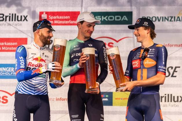 Cycling UCI ProSeries Men s Elite 20 Sparkassen Münsterland Giro on October 3, 2026 The Münsterland Giro podium, from left to right: Jordi Meeus (Red Bull Bora Hansgrohe), Olav Kooij (Decathlon CMA CGM Team), Frits Biesterbos (Team Picnic PostNL) xJRx