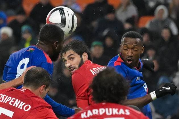 Russia Soccer Friendly Russia - Namibia 9256910 03.10.2026 Russia s Arsen Adamov struggles for a ball during the friendly soccer match between Russia and Namibia at Yekaterinburg Arena in Yekaterinburg, Russia. Grigory Sysoev Sputnik Yekaterinburg Sverdlovsk Oblast Region Russia  Copyright: xGrigoryxSysoevx